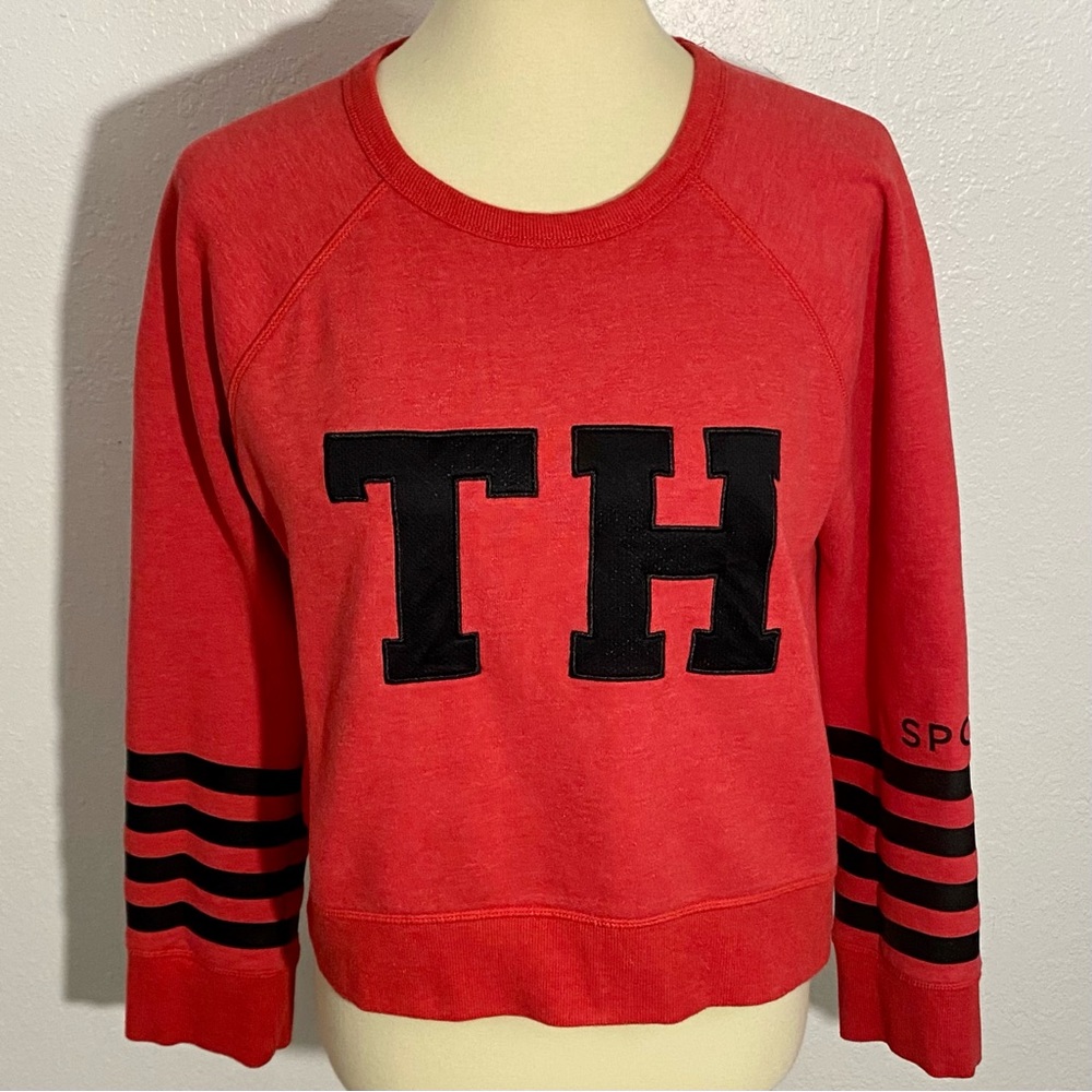 Tommy Hilfiger Sport Cropped Crewneck Pullover Sweatshirt Size M Red & Black